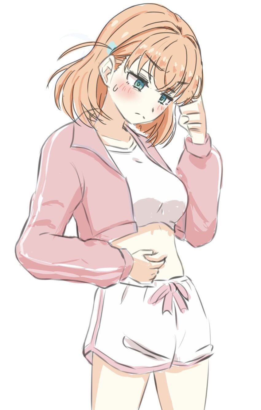 1girl aqua_eyes breasts closed_mouth collarbone cowboy_shot crop_top cropped_jacket cropped_shirt crossed_bangs don_quijote_(store) frown grabbing_own_stomach highres hinoshita_kaho jacket link!_like!_love_live! long_sleeves looking_down love_live! medium_breasts medium_hair official_alternate_costume open_clothes open_jacket orange_hair pink_jacket shirt short_shorts shorts solo standing stomach two_side_up v-shaped_eyebrows virtual_youtuber weight_conscious white_shirt white_shorts wotan_(wotandesu)