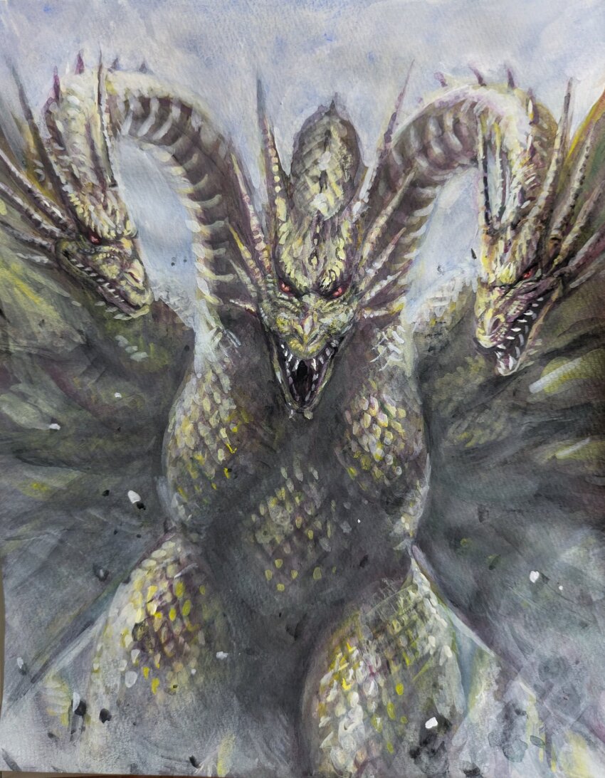 alien dragon dragon_horns dragon_wings fangs g.n.a godzilla_(series) godzilla_vs._king_ghidorah gold_scales highres horns hydra kaiju king_ghidorah long_neck monster multiple_heads open_mouth red_eyes simple_background toho wings
