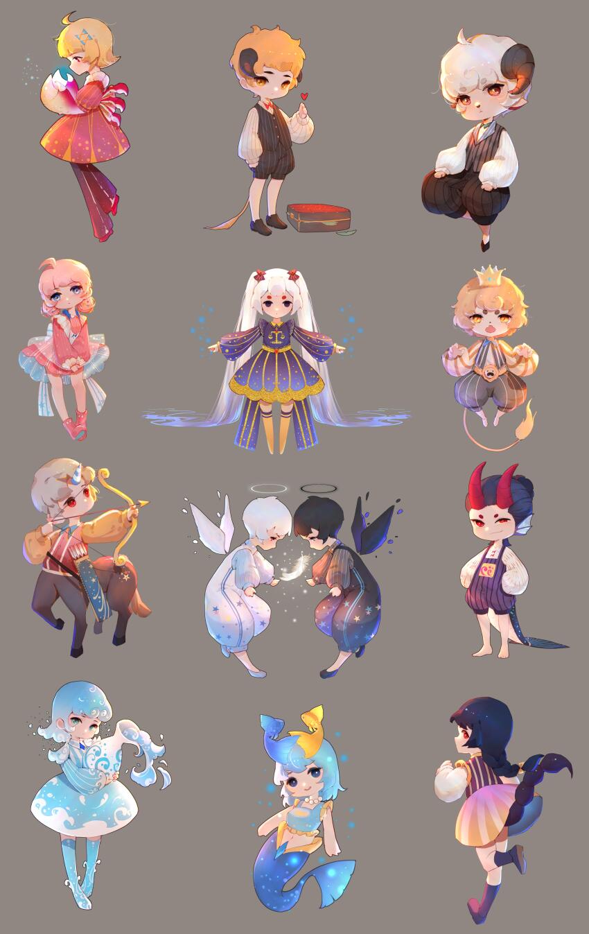 6+boys 6+girls :&lt; absurdres ahoge animal_ears animal_nose ankle_boots aqua_boots aqua_dress aqua_eyes aqua_hair aquarius_(constellation) aquarius_(zodiac) archery aries_(constellation) aries_(zodiac) arrow_(projectile) arthropod_girl artist_name back_bow banknote bare_legs barefoot black_eyes black_footwear black_hair black_overalls black_pants black_shirt black_vest black_wings blonde_hair blue_eyes blue_hair blue_tank_top blunt_bangs boots bow bow_(weapon) bowtie braid brown_eyes brown_horns cancer_(constellation) cancer_(zodiac) capricorn_(constellation) capricorn_(zodiac) case centaur chibi claw_pose closed_mouth cow_horns cow_tail crab_claw crab_girl crown dated dot_mouth drawing_bow dress fangs feathers finger_heart fins fish_hair_ornament fish_tail foot_up from_behind from_side full_body gemini_(constellation) gemini_(zodiac) goat_horns gradient_hair grey_background grey_hair hair_bow hair_bun hair_ornament half-closed_eye halo hand_in_pocket hand_up hands_on_own_thighs hands_up head_fins head_tilt heart highres holding holding_bow_(weapon) holding_jar holding_weapon horns invisible_chair jar jewelry leaning_forward leg_up leo_(constellation) leo_(zodiac) libra_(constellation) libra_(zodiac) lion_boy lion_ornament lion_tail long_hair long_sleeves looking_at_viewer looking_back looking_to_the_side low_twintails male_focus medium_hair mermaid midriff mini_crown money monster_girl multicolored_hair multiple_boys multiple_girls multiple_legs necklace open_mouth orange_boots orange_eyes orange_hair original outstretched_arms overalls own_hands_together pants pants_under_dress pearl_necklace pigeon-toed pink_boots pink_dress pink_hair pink_skirt pisces_(constellation) pisces_(zodiac) profile puffy_long_sleeves puffy_pants puffy_short_sleeves puffy_sleeves purple_dress purple_footwear purple_overalls purple_shirt purple_socks quiver red_bow red_bowtie red_dress red_eyes red_footwear red_horns red_pants red_shirt running sagittarius_(constellation) sagittarius_(zodiac) scorpio_(zodiac) scorpion_tail scorpius_(constellation) sheep_boy sheep_ears sheep_horns shirt short_eyebrows short_hair short_sleeves single_braid single_horn sitting skin_fangs skirt smile smirk socks standing standing_on_one_leg standing_on_three_legs star_(symbol) star_print striped_clothes striped_dress striped_pants striped_shirt striped_vest tail tank_top taur taurus_(constellation) taurus_(zodiac) thigh_boots twintails vertical-striped_clothes vertical-striped_dress vertical-striped_overalls vertical-striped_pants vertical-striped_shirt vertical-striped_vest very_long_hair vest virgo_(constellation) virgo_(zodiac) water wave_print weapon white_bow white_footwear white_hair white_overalls white_shirt white_wings wings yellow_eyes yellow_sleeves yi_er_san zodiac
