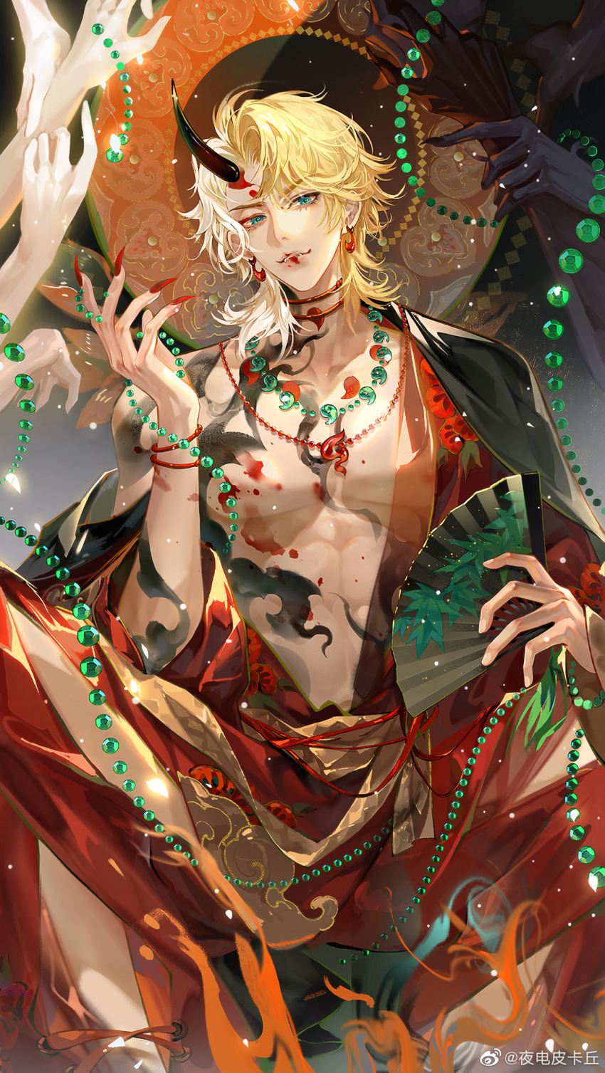1boy abs alkaid_mcgrath bare_pectorals bead_necklace beads black_background black_horns black_jacket blonde_hair blood blood_on_face brown_sash chest_tattoo chinese_commentary choker clothing_cutout collarbone commentary_request demon_horns disembodied_hand earrings eyelashes facial_mark feet_out_of_frame fingernails fish_earrings flame_tattoo floral_print folding_fan forehead_mark hand_fan haori highres holding holding_fan horns jacket jacket_on_shoulders japanese_clothes jewelry kimono kimono_partially_removed leg_cutout light_particles long_sleeves looking_at_viewer lovebrush_chronicles magatama magatama_necklace male_focus medium_hair multicolored_hair nail_polish necklace parted_bangs parted_lips pectorals prayer_beads red_choker red_kimono red_nails sash sharp_fingernails single_bare_shoulder single_horn sitting smirk solo tattoo thick_eyebrows thigh_cutout toned toned_male two-tone_hair waist_sash watermark weibo_watermark white_background wide_sleeves ye_dian_pikaqiu