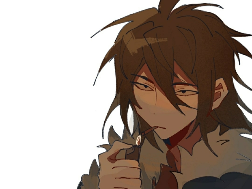 1boy beiquqian black_eyes black_jacket brown_hair cigarette closed_mouth commentary fur-trimmed_jacket fur_trim hair_between_eyes holding holding_lighter isoi_reiji jacket lighter lighting_cigarette long_bangs long_hair male_focus portrait red_shirt saibou_shinkyoku sanpaku shirt simple_background solo white_background
