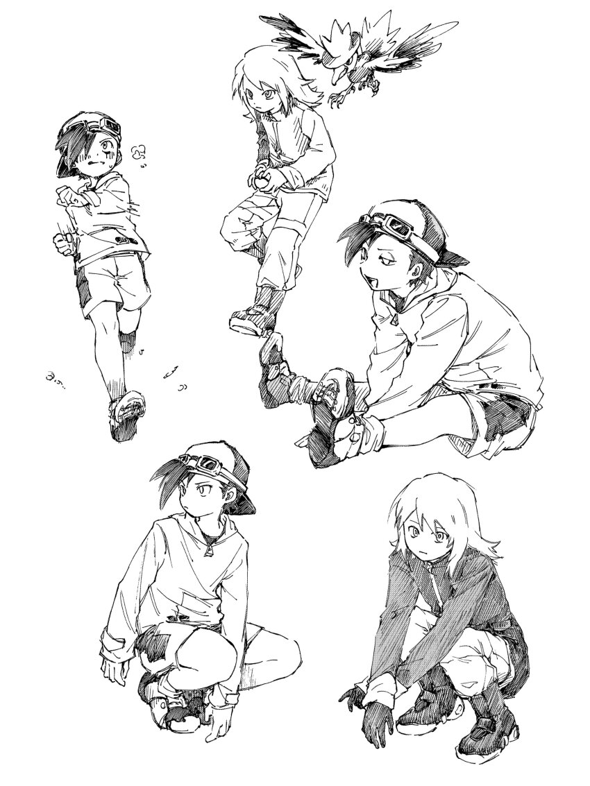 2boys absurdres backwards_hat bird black_hair ethan_(pokemon) full_body gen_2_pokemon goggles goggles_on_headwear greyscale hat highres holding holding_poke_ball jacket long_hair looking_at_viewer male_focus monochrome multiple_boys multiple_views murkrow nintendo open_mouth poke_ball pokemon pokemon_(creature) pokemon_adventures running shoes shorts silver_(pokemon) simple_background sitting squatting standing tan_carbonnn white_background