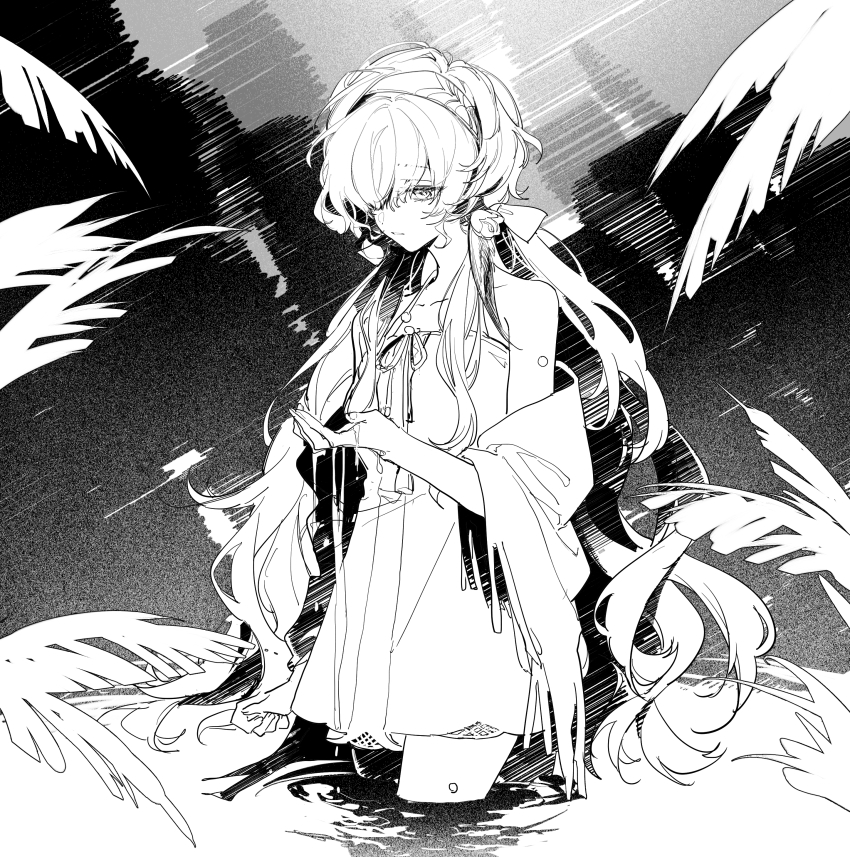 1girl absurdres bare_shoulders capelet cowboy_shot dress greyscale hair_over_one_eye hand_up highres holding_water long_hair looking_at_hand low_twintails monochrome official_alternate_costume one_eye_covered plant reverse:1999 short_dress sleeveless sleeveless_dress solo spaghetti_strap twintails very_long_hair wading walluka water yenisei_(around_the_riverbend)_(reverse:1999) yenisei_(reverse:1999)