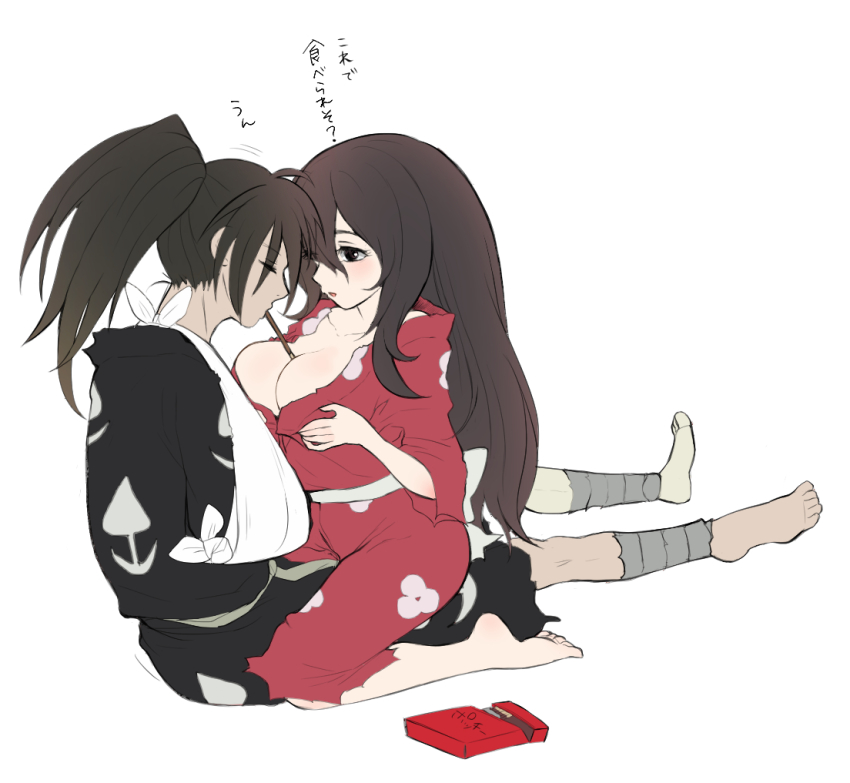 1boy 1girl arm_sling barefoot between_breasts black_hair breasts brown_hair cleavage closed_eyes dororo_(tezuka) eating food hetero hyakkimaru_(dororo) japanese_clothes kimono large_breasts mio_(dororo) pocky ponytail prosthesis prosthetic_leg red_kimono simple_background sitting straddling yamatomoti