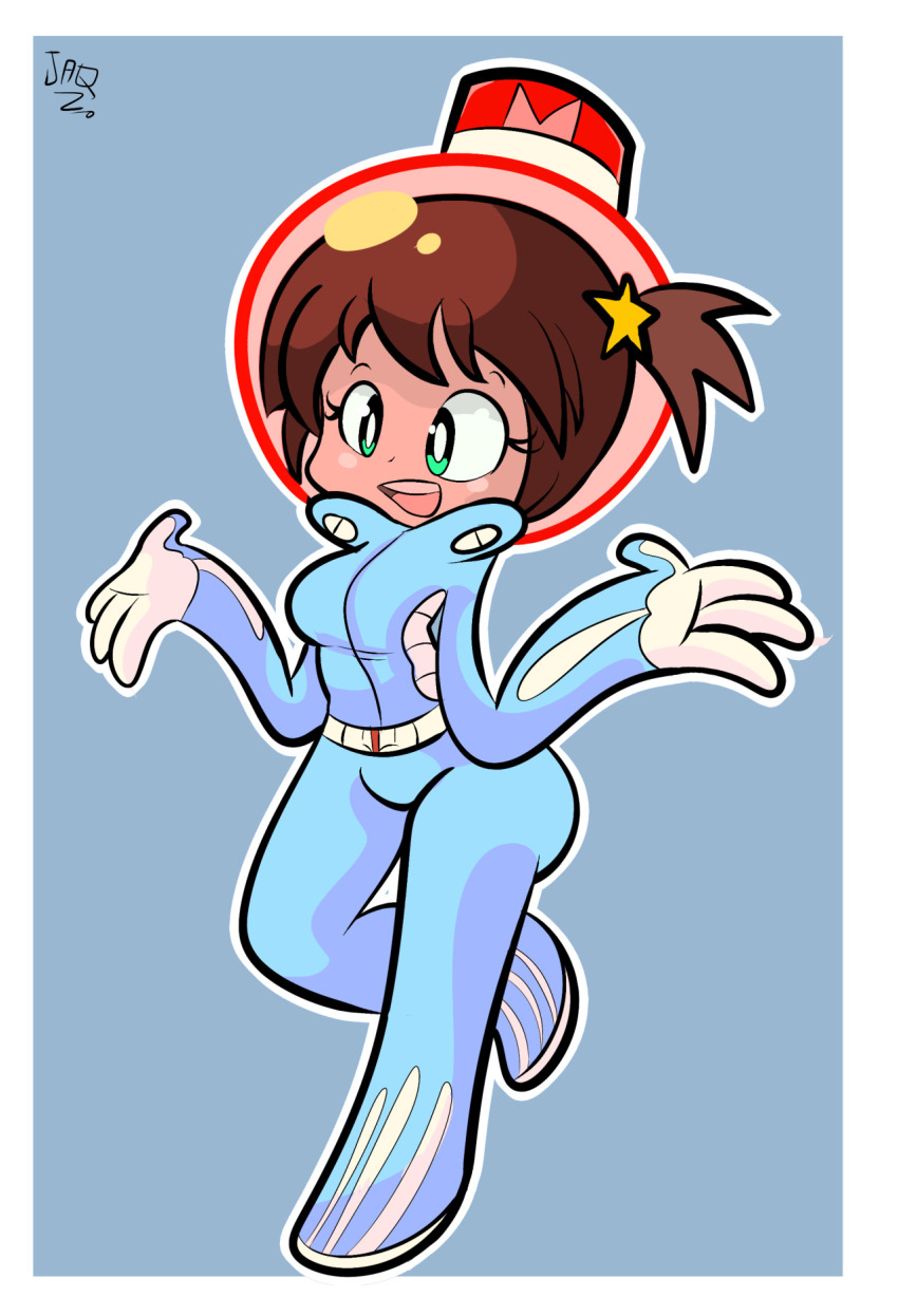 1girl ass blue_suit bodysuit breasts brown_hair cryostasis formal_clothes green_eyes highres huge_ass luluco medium_breasts short_hair solo suit uchuu_patrol_luluco