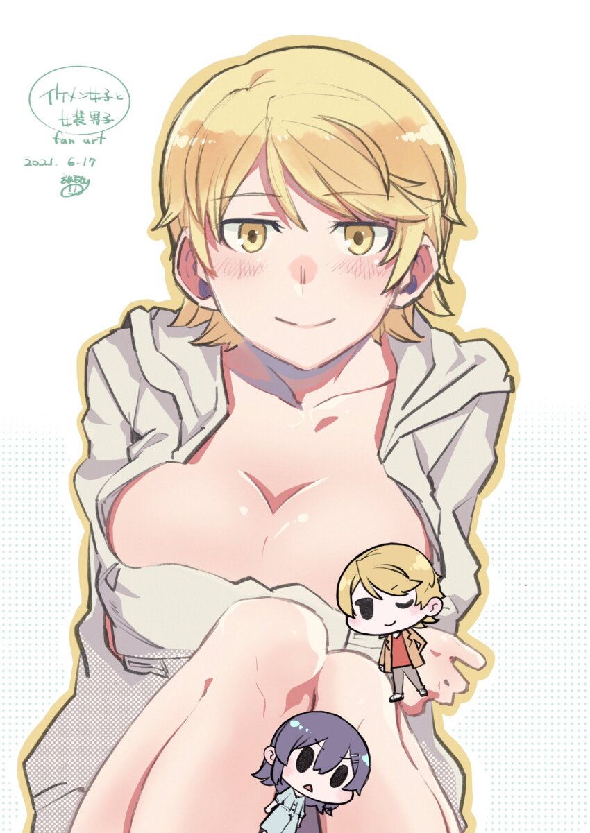 2girls akizakura_iori bad_link blonde_hair blush breasts chibi cleavage halftone halftone_background highres ikemen_joshi_to_josou_danshi looking_at_viewer mirumiru multiple_girls open_clothes polka_dot polka_dot_background rindou_hazuki short_hair smile solo_focus yellow_eyes