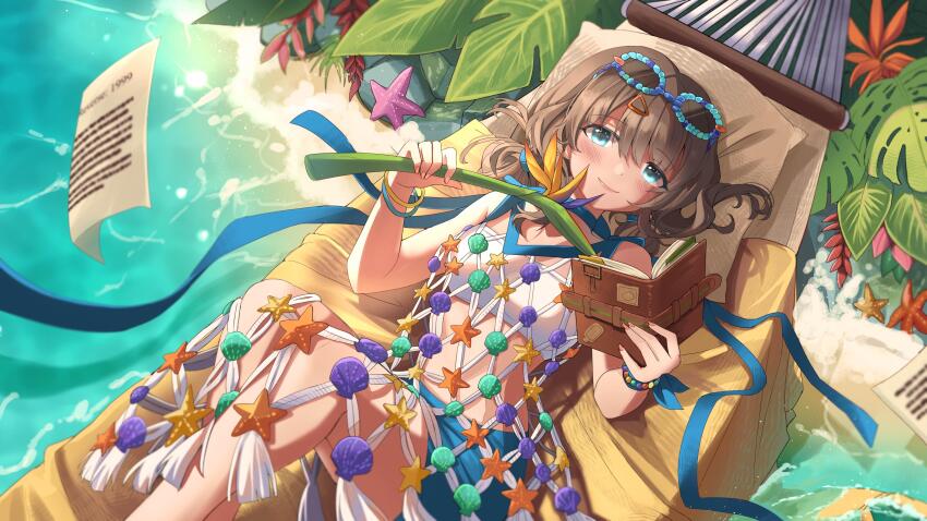 1girl absurdres bare_shoulders beach bird_of_paradise_flower blue_choker blue_eyes blue_shorts bracelet brown_hair choker closed_mouth dress eyewear_on_head feet_out_of_frame fishnet_dress flower flying_paper hammock hands_up highres holding holding_flower holding_notebook jewelry looking_at_viewer lying marcus_(on_the_white_sand)_(reverse:1999) marcus_(reverse:1999) monstera_deliciosa notebook ocean official_alternate_costume on_back paper plant poncakes reverse:1999 sand shell shorts sleeveless sleeveless_dress smile solo starfish strapless sunglasses tube_top very_low_bun water white_tube_top