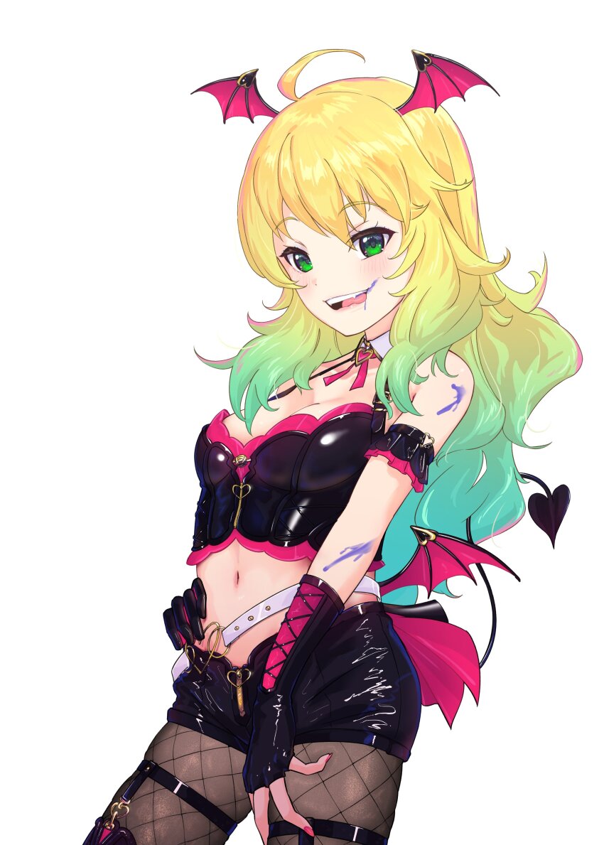 1girl absurdres ahoge armband asymmetrical_gloves belt black_gloves black_pantyhose black_shirt blonde_hair breasts cleavage collar commentary_request cowboy_shot crop_top cross-laced_clothes cross-laced_gloves demon_tail demon_wings detached_collar fingerless_gloves frilled_armband frills gloves gradient_hair green_eyes green_hair hand_on_own_stomach hand_on_own_thigh head_wings heart heart-shaped_pupils heart_o-ring highres hoshii_miki idolmaster idolmaster_million_live! idolmaster_million_live!_theater_days latex latex_gloves latex_shirt latex_shorts long_hair looking_at_viewer low_wings midriff monster!_devil_(idolmaster) multicolored_hair navel o-ring open_mouth paint_on_body pantyhose pink_nails pink_trim shiny_clothes shirt skindentation solo splashab symbol-shaped_pupils tail teeth thigh_strap tongue tongue_out white_belt white_collar wings
