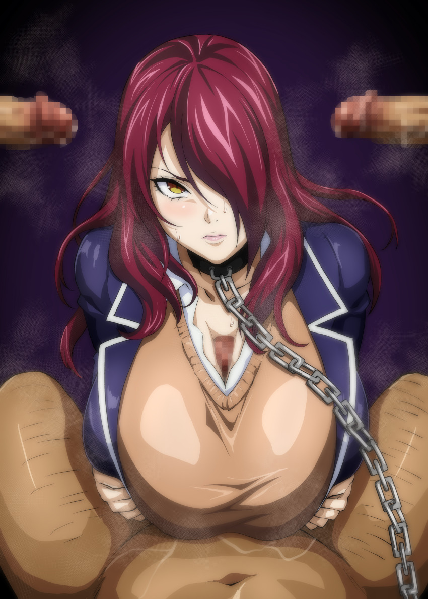 1girl 3boys absurdres breasts censored dark-skinned_male dark_skin highres huge_breasts iwao178 kobayashi_rindou long_hair mosaic_censoring multiple_boys paizuri penis shokugeki_no_souma slave