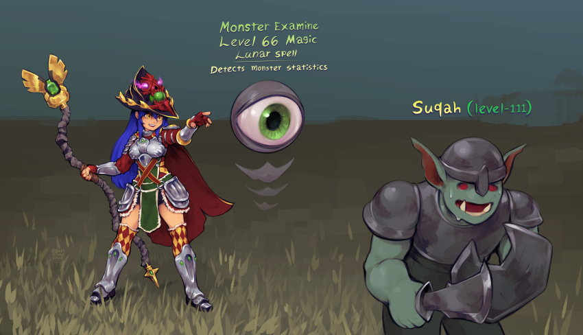 1boy 1girl absurdres argyle_clothes argyle_thighhighs armor armored_boots bestfriendforever blue_hair boots breasts cape casting_spell cleaver commentary commission completionist_cape_(t)_(runescape) cuirass dang_(runescape) disembodied_eye duellist&#039;s_cap_(tier_6) english_commentary english_text eyeball fingerless_gloves fire full_body fur-trimmed_legwear fur_trim gem gloom_(expression) gloves glowing_hat gold_trim green_gemstone hat highres holding holding_cleaver holding_staff long_hair mage_staff magic medium_breasts monster nervous nervous_sweating old_school_runescape orange_eyes original pink_fire plate_armor pointing red_cape runescape scared second-party_source shield signature smile spell staff staff_of_armadyl_(runescape) standing sweat thighhighs weapon wizard yellow_eyes zettai_ryouiki