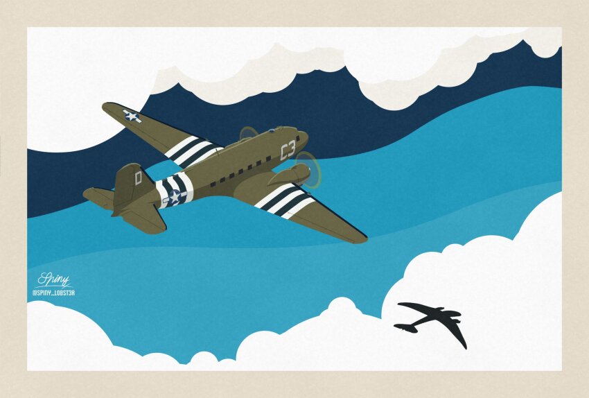 aircraft airplane artist_name blue_sky border c-47 cloud commentary_request flying highres invasion_stripes military military_vehicle no_humans ocean original propeller roundel silhouette sky spiny_(spiny_lobster) twitter_username vehicle_focus white_border