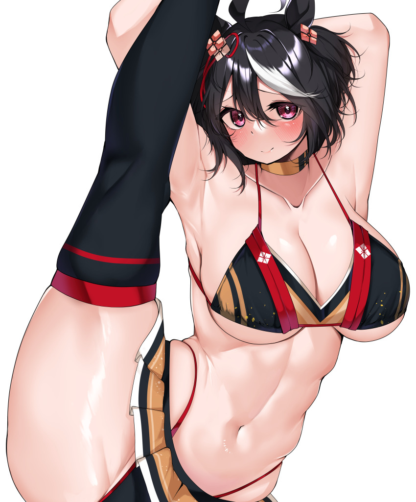 1girl absurdres ahoge alternate_costume armpits bikini black_bikini black_hair black_thighhighs breasts choker closed_mouth collarbone commission hair_between_eyes highres horse_girl kitasan_black_(umamusume) kshimu large_breasts looking_at_viewer multicolored_hair navel pink_eyes short_hair simple_background skeb_commission smile solo split standing standing_on_one_leg standing_split stomach streaked_hair swimsuit thighhighs thighs umamusume white_background white_hair yellow_choker