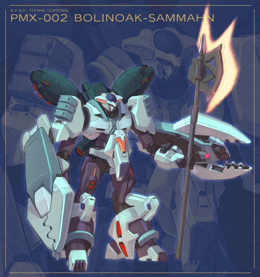 axe bolinoak_sammahn character_name energy_axe gundam highres holding holding_axe mecha mobile_suit no_humans nori_(arara105) red_eyes robot science_fiction shield solo zeta_gundam zoom_layer