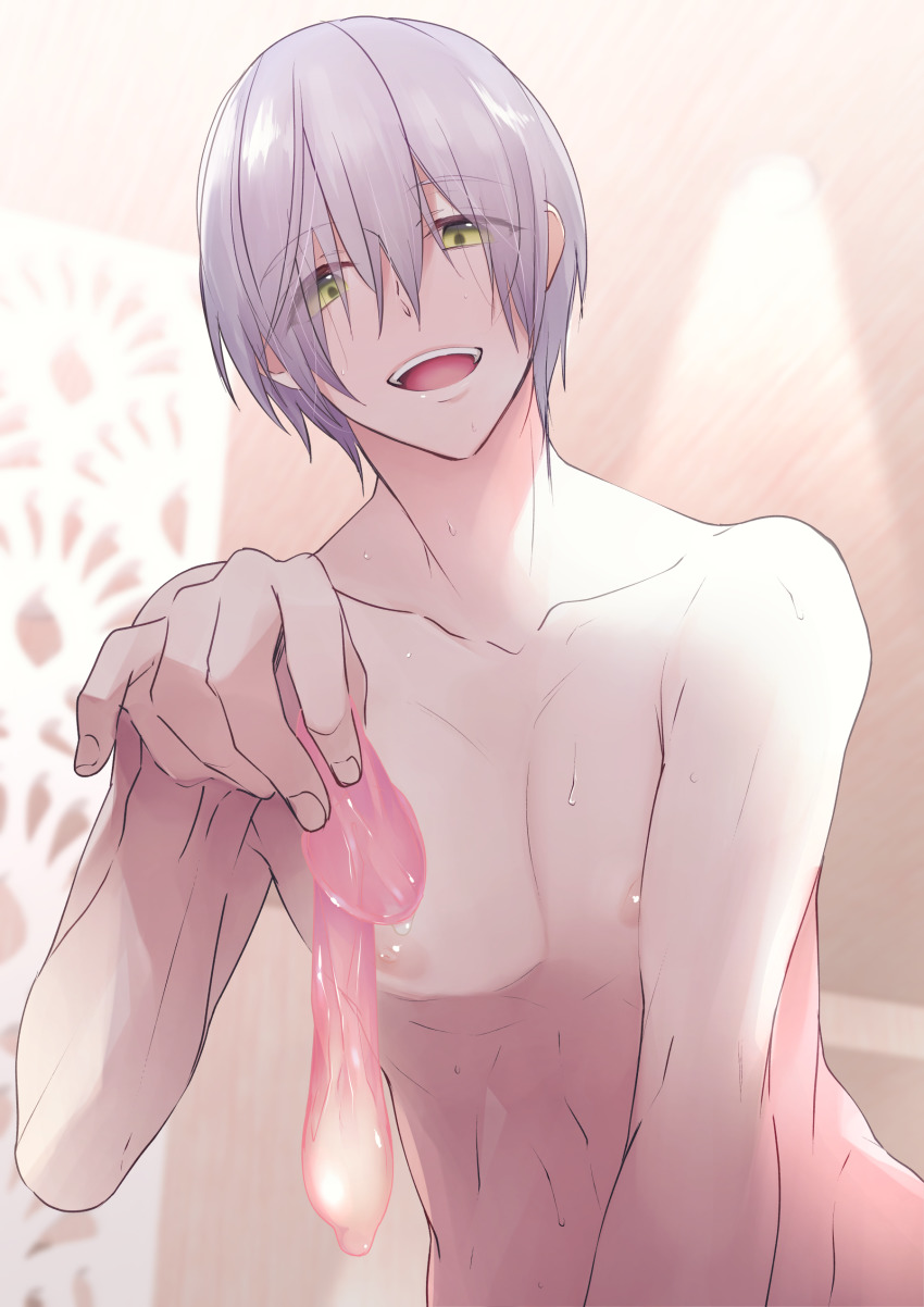 1boy absurdres aftersex condom free! green_eyes highres holding holding_condom looking_at_viewer male_focus memeo nude pov purple_hair serizawa_nao smile sweat tagme used_condom