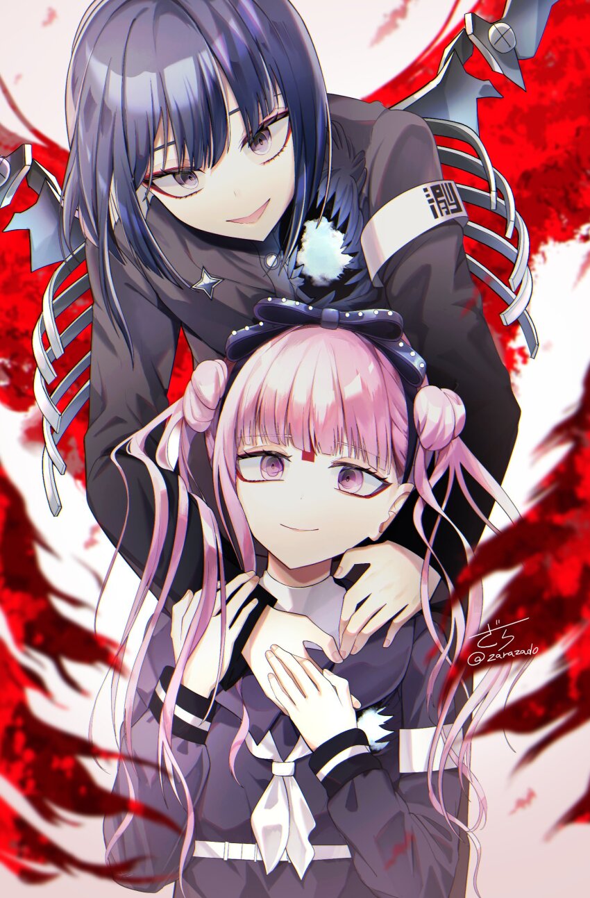 1boy 1girl :&gt; absurdres armband belt black_bow black_hairband black_sailor_collar blood bloody_wings bow bow_hairband brother_and_sister double_bun eyeliner facial_mark forehead_mark gakuran grey_eyes hair_bun hairband hand_on_another&#039;s_hand hand_on_another&#039;s_shoulder highres holding_another&#039;s_arm hole_in_chest hole_on_body last_defense_academy_school_uniform long_hair looking_at_viewer makeup neck_ribbon pink_eyes pink_hair purple_hair red_eyeliner ribbon sailor_collar school_uniform serafuku short_hair siblings smile the_hundred_line_-last_defense_academy- tsukumo_ima tsukumo_kako twins twintails twitter_username white_armband white_background white_belt white_ribbon white_streaks wings zarazado