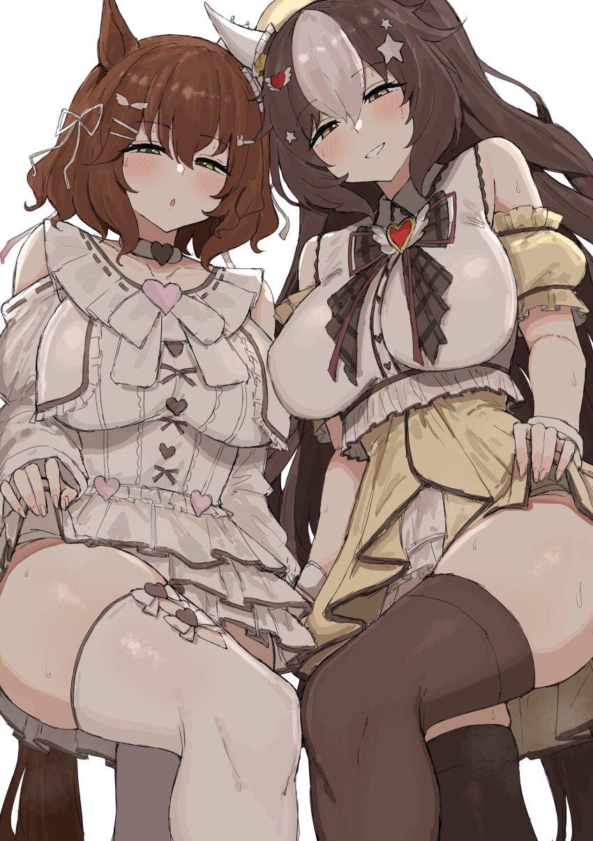 2girls absurdres animal_ears aston_machan_(everlasting_candy)_(umamusume) aston_machan_(umamusume) black_thighhighs breasts brown_hair hair_ornament highres horse_ears horse_girl horse_tail kumiyabe large_breasts looking_at_viewer multiple_girls official_alternate_costume short_hair simple_background standing star_(symbol) star_hair_ornament tail thighhighs thighs umamusume white_background white_thighhighs yamanin_zephyr_(sugary_wind)_(umamusume) yamanin_zephyr_(umamusume) yellow_eyes