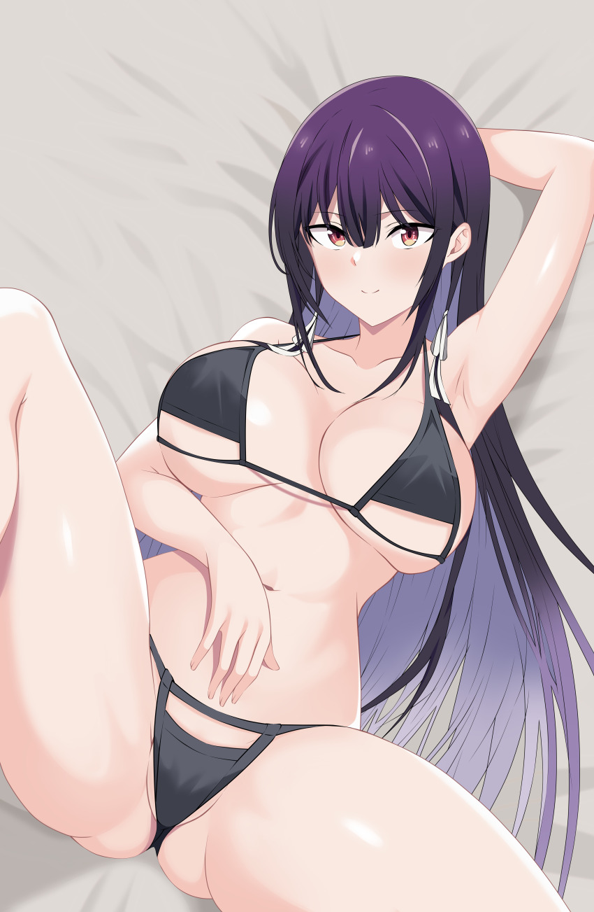 1girl absurdres arm_behind_head arm_up bare_shoulders bikini black_bikini breasts closed_mouth colored_inner_hair commentary cowboy_shot from_above hair_ribbon hair_spread_out haite_kudasai_takamine-san halterneck hand_on_own_stomach highres kiniro_tofu knee_up large_breasts long_hair looking_at_viewer lying multicolored_hair navel on_back purple_hair red_eyes ribbon smile solo spread_legs string_bikini swimsuit takamine_takane very_long_hair white_ribbon