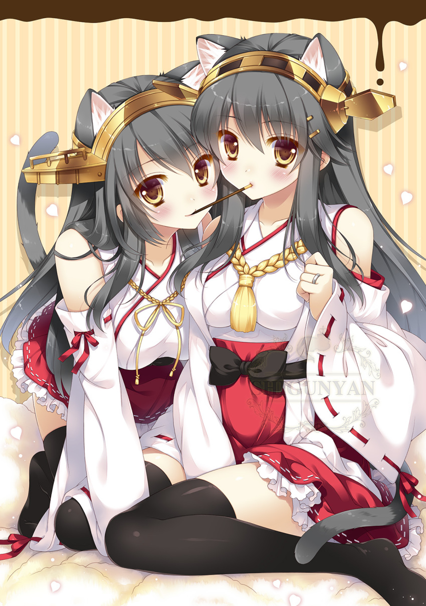 2girls all_fours animal_ears artist_name black_hair black_thighhighs blush brown_eyes cat_ears cat_tail commentary_request detached_sleeves dual_persona food hair_ornament hairclip haruna_(kancolle) haruna_kai_ni_(kancolle) headgear highres jewelry kantai_collection kemonomimi_mode long_hair multiple_girls no_shoes nontraditional_miko photoshop_(medium) pocky pocky_day pocky_kiss ribbon-trimmed_skirt ribbon-trimmed_sleeves ribbon_trim ring shared_food shigunyan sitting tail thighhighs wariza wedding_ring zettai_ryouiki