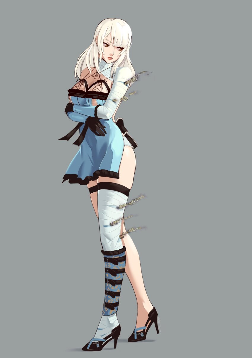 1girl arms_under_breasts back_bow backless_dress backless_outfit bandaged_arm bandaged_foot bandaged_leg bandaged_neck bandages belt_buckle black_gloves black_ribbon blue_dress blue_negligee blunt_bangs bow breasts buckle chain cleavage clothing_cutout cross-laced_clothes dress eightyfourart eyelashes full_body gloves hair_down high_heels highres kaine_(nier) large_breasts lingerie looking_back negligee nier_(series) pink_lips revealing_clothes ribbon shin_strap simple_background single_bare_shoulder skindentation solo thigh_strap thighs underboob_cutout underwear white_hair yellow_eyes