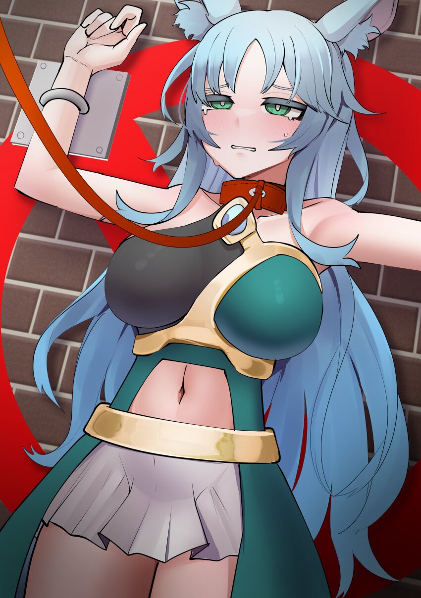 1girl absurdres animal_ear_fluff animal_ears apollousa_bow_of_the_goddess bare_shoulders blue_hair breasts collar collarbone cotan_(actancyaga) cowboy_shot dress duel_monster green_dress green_eyes highres large_breasts leash long_hair navel red_collar restrained skirt solo white_skirt yu-gi-oh!