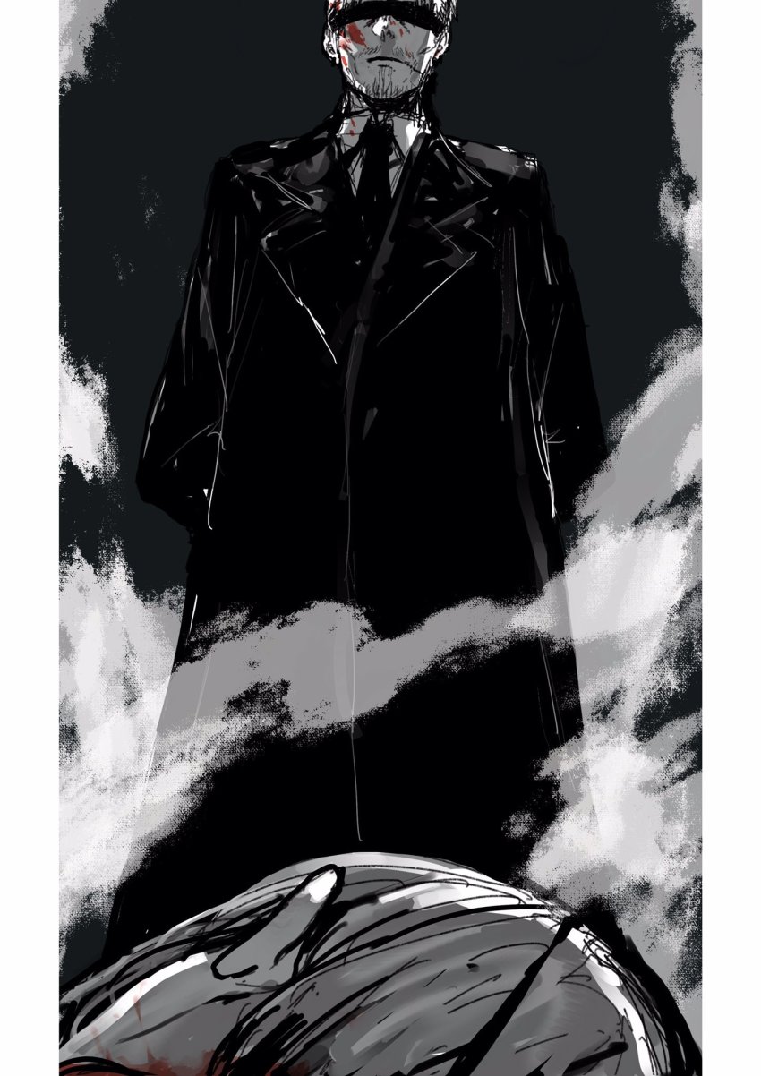 1boy 1girl black_coat black_necktie blindfold blood blood_on_face border chainsaw_man coat death decapitation eshaku_(asifu-coffee) eyepatch facial_hair facial_scar hands_in_pockets highres kishibe_(chainsaw_man) long_coat necktie out_of_frame quanxi_(chainsaw_man) scar scar_on_cheek scar_on_face smoke solo_focus standing white_hair