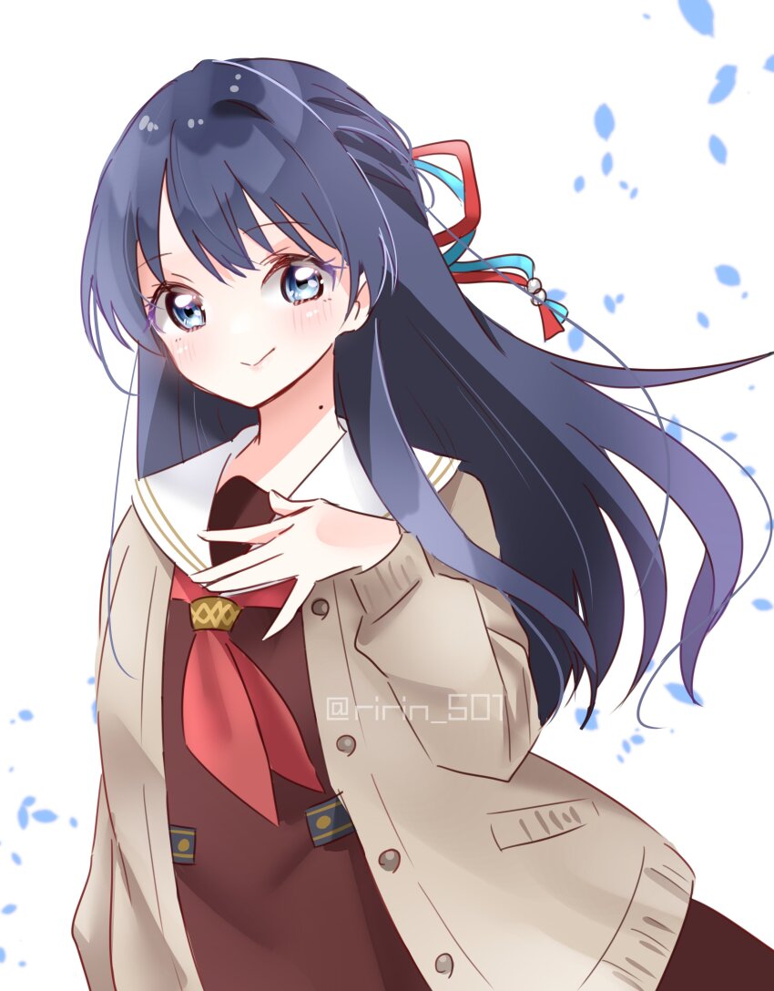 1girl absurdres blue_eyes blue_hair blue_ribbon blush brown_cardigan brown_dress cardigan closed_mouth commentary_request cowboy_shot dress hair_ribbon half_updo hand_on_own_chest hasu_no_sora_school_uniform highres link!_like!_love_live! long_hair long_sleeves looking_at_viewer love_live! mole mole_on_neck murano_sayaka neckerchief open_cardigan open_clothes red_neckerchief red_ribbon ribbon ririn_(ririn_501) sailor_collar sailor_dress school_uniform simple_background smile solo twitter_username virtual_youtuber white_background white_sailor_collar winter_uniform
