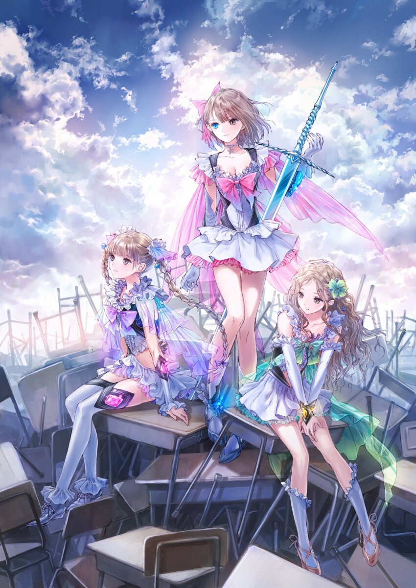 3girls absurdres bare_shoulders blue_eyes blue_reflection_(series) blue_reflection_maboroshi_ni_mau_shoujo_no_ken braid breasts brown_eyes cleavage cloud collarbone desk dress elbow_gloves flower frills gloves hair_flower hair_ornament highres jewelry kishida_mel long_hair magical_girl multiple_girls necklace official_art outdoors ribbon ring school_desk see-through_clothes shijou_raimu shijou_yuzuki shirai_hinako short_dress short_hair sitting skirt sky small_breasts sword thighhighs twin_braids twintails wavy_hair weapon zettai_ryouiki