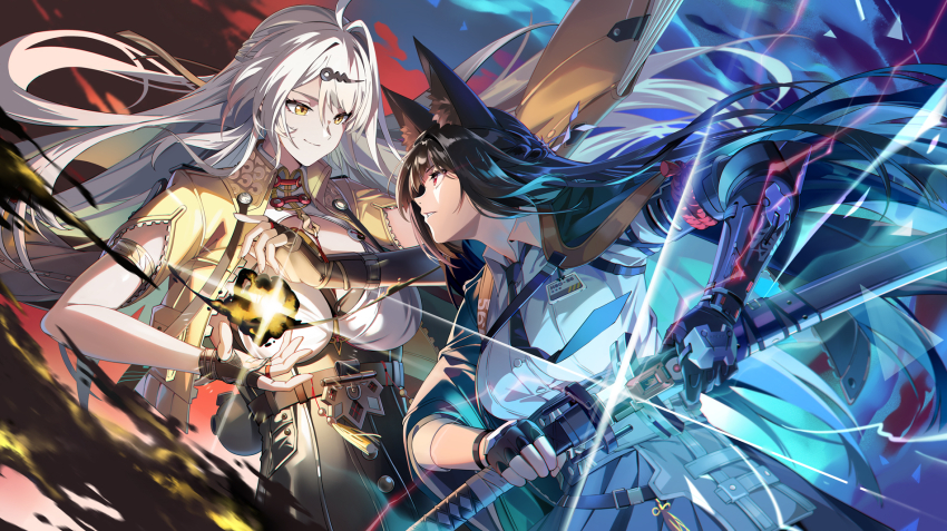 2girls ahoge animal_ear_fluff animal_ears arm_out_of_sleeve asymmetrical_gloves black_gloves black_hair black_necktie black_shorts breasts closed_mouth collar collared_shirt commentary_request drawing_sword elbow_gloves eye_contact faceoff fingerless_gloves fox_ears fox_girl gauntlets gloves hair_ornament high-waist_shorts highres holding holding_sword holding_weapon hoshimi_miyabi id_card jacket katana large_breasts long_hair looking_at_another multiple_girls necktie neko_(yanshoujie) parted_lips scabbard sheath shirt shorts single_elbow_glove single_fingerless_glove single_gauntlet single_hair_intake smile sword uneven_gloves unsheathing very_long_hair weapon white_collar white_hair white_shirt yellow_eyes yellow_jacket yixuan_(zenless_zone_zero) zenless_zone_zero