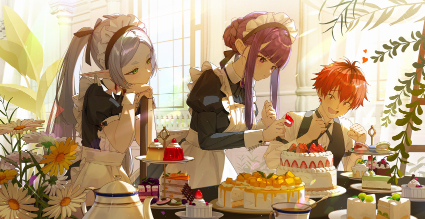 1boy 2girls alternate_costume apron black_dress black_hair black_vest bun_with_braided_base cake cake_slice cup dessert dress elf enmaided fern_(sousou_no_frieren) flower food frieren fruit gelatin green_eyes grey_hair heart highres indoors maid maid_apron maid_headdress multicolored_hair multiple_girls oichida plant pointy_ears pudding purple_eyes purple_hair red_eyes red_hair shirt sousou_no_frieren stark_(sousou_no_frieren) steam strawberry table tea teacup teapot two-tone_hair vest white_apron white_headdress white_shirt window