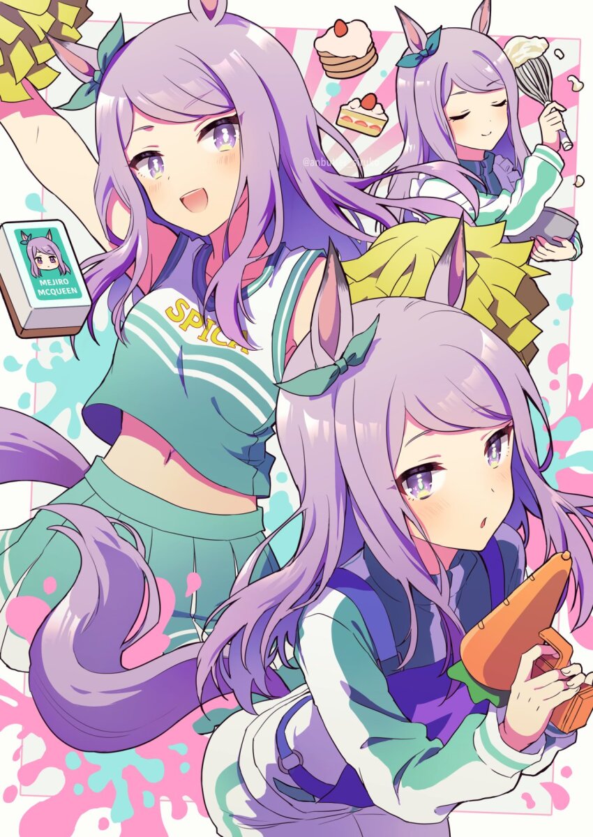 anbutter_siruko animal_ears bow cheerleader closed_eyes closed_mouth green_skirt highres holding holding_pom_poms horse_ears horse_girl horse_tail long_hair long_sleeves looking_at_viewer mejiro_mcqueen_(umamusume) midriff multiple_views open_mouth pom_pom_(cheerleading) pom_poms purple_eyes purple_hair skirt sleeveless tail umamusume umamusume_(anime)