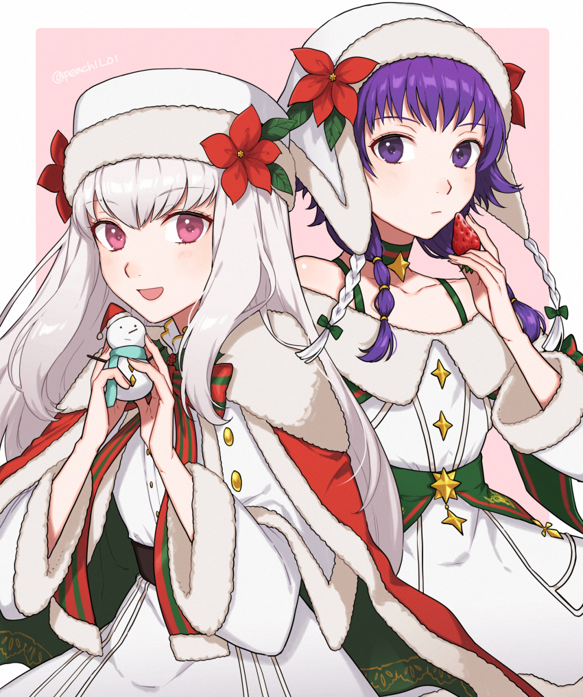 2girls blush cape capelet christmas closed_mouth commentary_request dress fire_emblem fire_emblem:_the_sacred_stones fire_emblem:_three_houses fire_emblem_heroes flower food fruit fur-trimmed_cape fur-trimmed_capelet fur-trimmed_headwear fur-trimmed_sleeves fur_trim green_cape hat hat_flower highres holding holding_food holding_fruit holding_toy long_hair looking_at_viewer lute_(fire_emblem) lute_(winter)_(fire_emblem) lysithea_von_ordelia lysithea_von_ordelia_(winter) multiple_girls nintendo off-shoulder_dress off_shoulder official_alternate_costume open_mouth pink_eyes purple_eyes purple_hair red_cape red_flower shamu_(peach11_01) smile strawberry toy twintails twitter_username two-tone_cape white_capelet white_dress white_hair white_headwear
