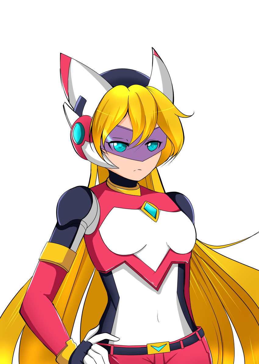 1girl abs absurdres alternate_costume alternate_hairstyle antennae armor belt blonde_hair blue_eyes bodystocking breasts chest_jewel ciel_(mega_man) commission commissioner_upload dannysawaragi elbow_gloves eyelashes frown gauntlets gloves hair_between_eyes hand_on_own_hip helmet highres long_hair mechanical_ears mega_man_(series) mega_man_zero_(series) mega_man_zx model_z_(mega_man) navel non-web_source shorts small_breasts transparent_background