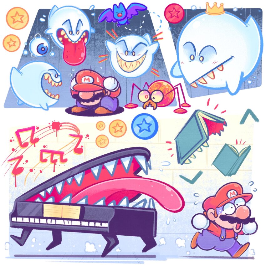 1boy blue_overalls book bookend_(mario) brown_hair commentary crown english_commentary eyeball facial_hair fleeing ghost gloves hat highres instrument king_boo long_sleeves mad_piano mario mario_(series) mostlyghostly mr._i mustache nintendo open_mouth overalls piano possessed red_coin red_shirt scared scuttlebug sharp_teeth shirt shoes short_hair smile super_mario_64 super_mario_64_ds swoop_(mario) teeth tongue tongue_out white_gloves