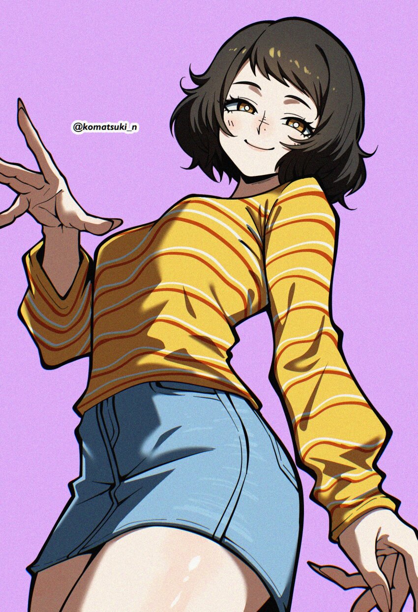 1girl absurdres artist_name black_hair blue_skirt blush brown_eyes commentary english_commentary highres kawakami_sadayo komatsuki_n long_sleeves nose_blush persona persona_5 photoshop_(medium) purple_background shirt short_hair simple_background skirt smile solo twitter_username yellow_shirt