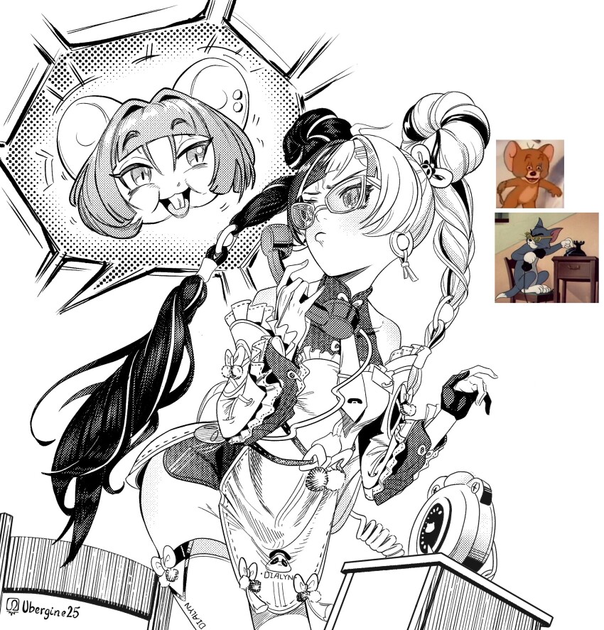 2girls ahoge animal_ear_piercing animal_ears animal_print antique_phone arched_back bare_shoulders bear_print black_gloves black_hair braid braided_twintails chair china_dress chinese_clothes closed_mouth commentary corded_phone cowboy_shot dialyn_(zenless_zone_zero) double_bun dress earrings english_commentary glasses gloves greyscale hair_bun hair_extensions hair_intakes hair_ornament hairclip head_only highres holding holding_phone jane_doe_(zenless_zone_zero) jerry_(tom_and_jerry) jewelry long_hair looking_to_the_side monochrome motion_lines mouse_ears mouse_girl multicolored_hair multiple_girls necktie open_mouth panda_hair_ornament panda_print partially_fingerless_gloves phone reference_inset ring_hair_extensions rotary_phone scene_reference simple_background single_glove sleeveless sleeveless_dress split-color_hair spoken_character teeth thighhighs tom_(tom_and_jerry) tom_and_jerry twitter_username ubergine upper_teeth_only v-shaped_eyebrows white_background white_dress white_hair white_thighhighs wire zenless_zone_zero