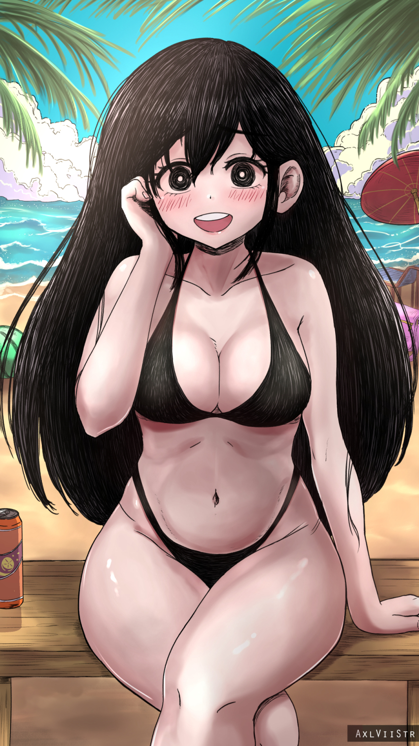 1girl :d adjusting_hair axl_sevens beach bikini black_bikini black_eyes black_hair blush breasts bright_pupils cleavage collarbone crossed_legs hand_up highres large_breasts long_hair looking_at_viewer mari_(faraway)_(omori) mari_(omori) navel omori open_mouth sitting smile solo swimsuit teeth thighs upper_teeth_only white_pupils