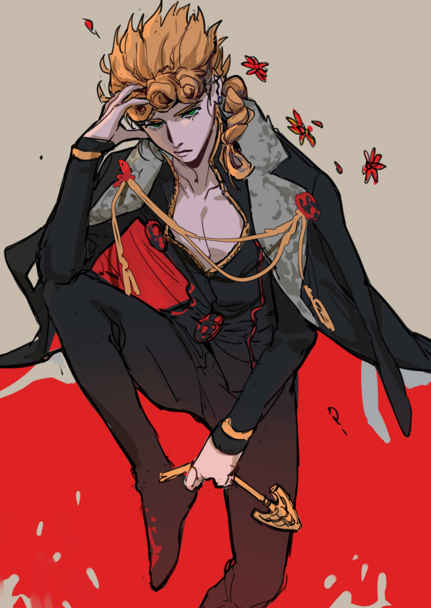 1boy arrow_(jojo) arrow_(projectile) black_coat black_jacket black_pants blending blonde_hair braid bug coat earrings flower full_body giorno_giovanna green_eyes hand_on_own_head highres holding holding_arrow insect jacket jewelry jojo_no_kimyou_na_bouken ladybug ladybug_ornament lighthouse_(lt_yummy) long_hair looking_at_viewer male_focus pants sitting sleeves_past_wrists solo symbolism two-tone_background vento_aureo victory_rolls