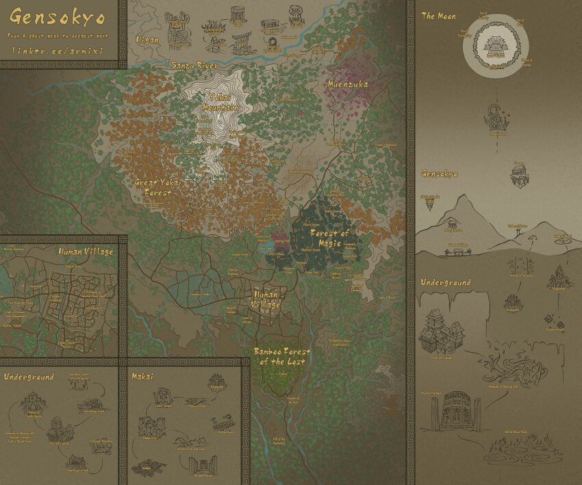 absurdres armixi06 bamboo bamboo_forest castle dream_world_(touhou) forest gensokyo hakurei_shrine highres lake makai_(touhou) map misty_lake moon mountain mugenkan nature no_humans river scarlet_devil_mansion shrine spacecraft temple touhou touhou_(pc-98) underground village