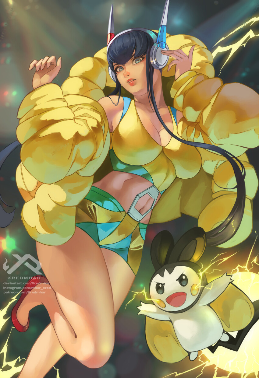 1girl artist_name bad_tag black_hair blue_eyes breasts cleavage coat commentary commission crop_top electricity elesa_(pokemon) emolga english_commentary feet_out_of_frame flying_squirrel gen_5_pokemon headphones highres jacket large_breasts looking_at_viewer midriff navel nintendo open_mouth parted_lips pokemon pokemon_(creature) pokemon_bw2 shirt short_hair_with_long_locks shorts signature smile squirrel teeth watermark web_address xredmhar yellow_coat yellow_jacket yellow_shirt