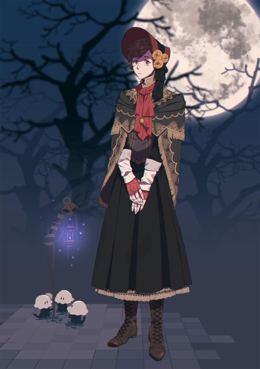 1girl ascot bare_tree black_skirt bonnet boots brooch brown_eyes brown_hair classicaloid closed_mouth commentary doll_joints full_body full_moon hair_ornament hairclip highres jewelry joints lace-up_boots long_skirt long_sleeves moon night otowa_kanae red_ascot red_bonnet sf_jd shawl short_hair skirt sleeves_past_wrists solo symbol-only_commentary tree