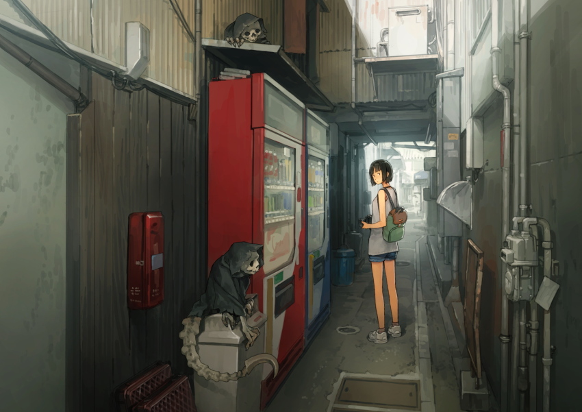 1girl alley animal_skeleton backpack bag black_cloak black_hair blue_shorts cable camera cloak closed_mouth commentary day electricity_meter green_bag highres holding holding_camera industrial_pipe looking_at_viewer original outdoors scenery shadow shinigami shoes short_hair shorts sneakers socks solo standing striped_clothes striped_socks sunlight trash_can vending_machine white_shoes yoshida_seiji