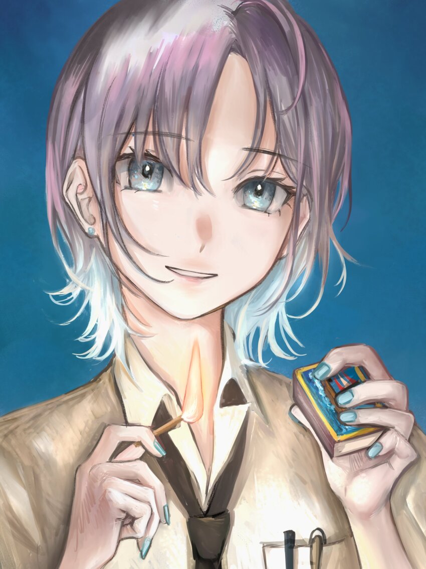 1girl asakura_toru black_necktie blue_background blue_hair blue_nails collared_shirt earrings fire gradient_hair grey_eyes grin hands_up highres holding holding_matchstick idolmaster idolmaster_shiny_colors jewelry looking_at_viewer loose_necktie matchbox matches multicolored_hair necktie portrait purple_hair shirt short_hair simple_background single_flame smile solo stud_earrings white_shirt yamaichi_(yama3ichi4)