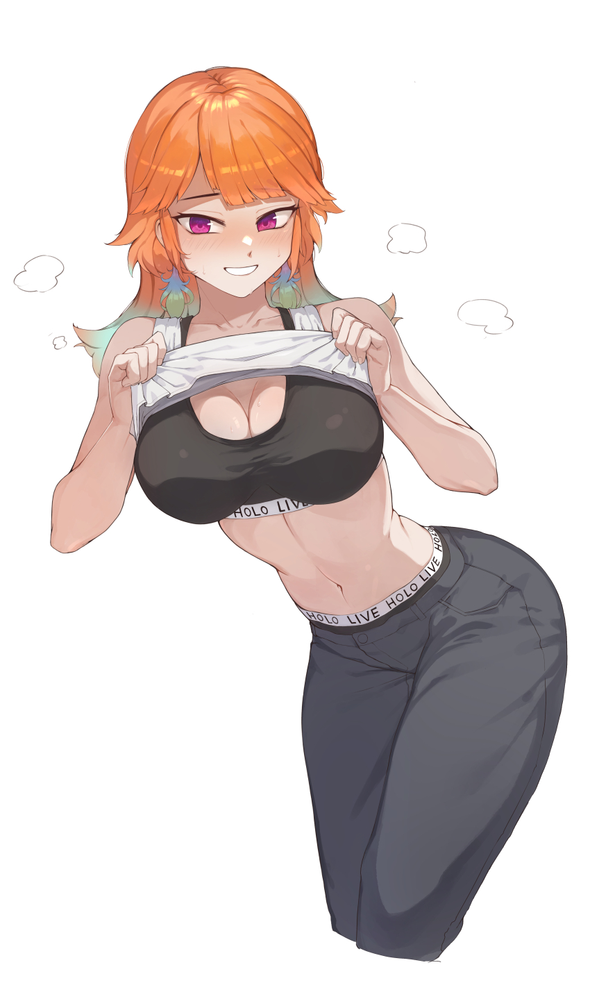 1girl absurdres alternate_costume black_pants black_sports_bra breasts cleavage clothes_lift collarbone earrings feather_earrings feathers gradient_hair grin highres hololive hololive_english iver_(reviolet) jewelry large_breasts leaning_forward lifting_own_clothes long_hair looking_at_viewer multicolored_hair navel orange_hair pants purple_eyes shirt_lift simple_background smile solo sports_bra stomach takanashi_kiara virtual_youtuber white_background