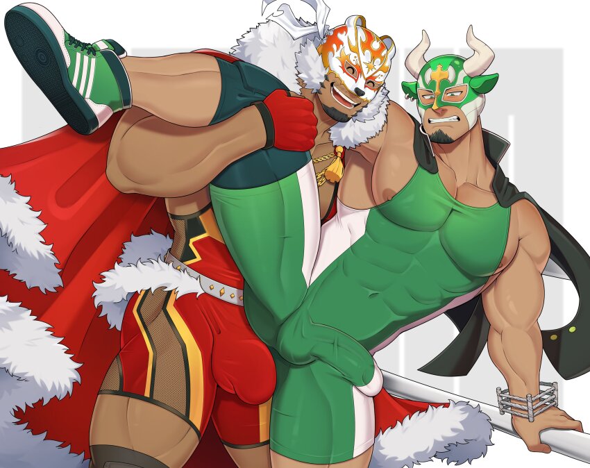 2boys absurdres bara bulge cape character_request clenched_teeth closed_eyes erection erection_under_clothes facial_hair fur-trimmed_cape fur_trim geckobara highres ikusaba_daisuke large_pectorals leg_up male_focus multiple_boys muscular muscular_male nipples open_mouth pectorals red_cape smile taurus_mask teeth tokyo_houkago_summoners wrestling_mask wrestling_outfit yaoi