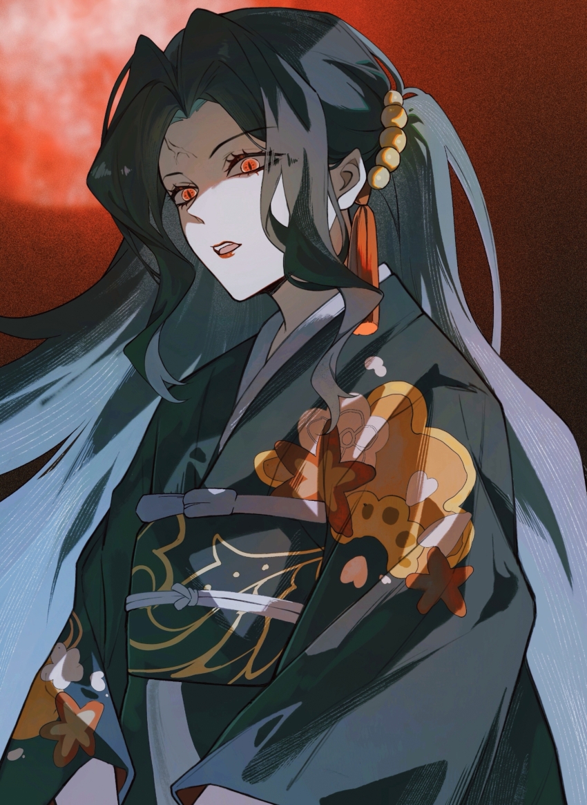05118631 1girl absurdres black_kimono blonde_hair demon_girl floral_print genderswap genderswap_(mtf) highres japanese_clothes kibutsuji_muzan kibutsuji_muzan_(female) kimetsu_no_yaiba kimono long_hair long_sleeves red_eyes slit_pupils solo very_long_hair