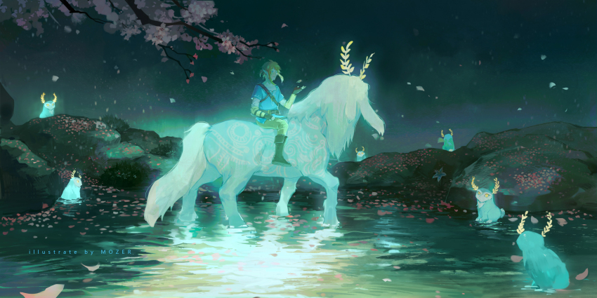 1boy absurdres blue_tunic blupee boots brown_pants cherry_blossoms highres horseback_riding leather leather_boots link lord_of_the_mountain mozer_(zerlinda) night night_sky nintendo pants pond riding short_hair sidelocks sky the_legend_of_zelda the_legend_of_zelda:_breath_of_the_wild tunic wide_shot