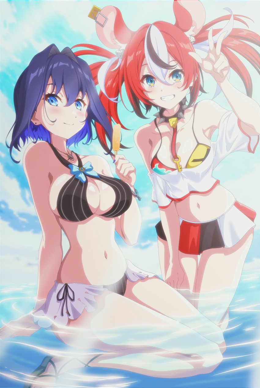 2girls absurdres animal_ears bikini bikini_skirt bikini_under_clothes black_bikini black_choker black_skirt blue_eyes blue_hair blue_nails blue_ribbon breasts cheese choker cleavage cleavage_cutout clothing_cutout commentary dice_hair_ornament english_commentary food hair_ornament hakos_baelz highres hololive hololive_english jewelry key large_breasts long_hair looking_at_viewer medium_breasts medium_hair mouse_ears mouse_girl mouse_tail multicolored_clothes multiple_girls nail_polish navel necklace ouro_kronii red_bikini red_skirt ribbon shimada_(odddddd64) shirt skirt spiked_choker spikes swimsuit swimsuit_under_clothes tail twintails two-tone v virtual_youtuber white_shirt white_skirt yellow_bikini