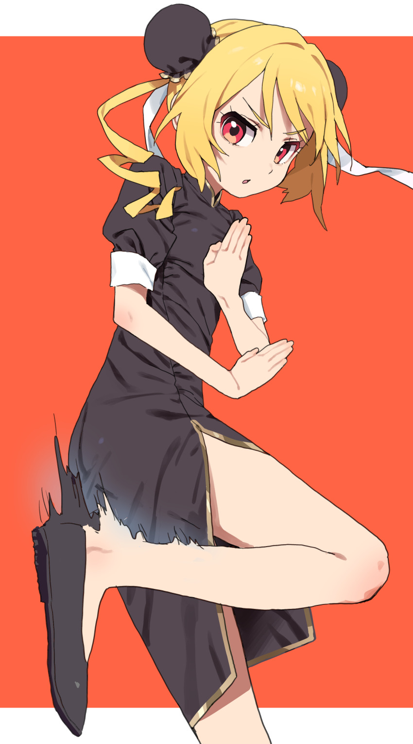 1girl absurdres alternate_costume black_dress blonde_hair bun_cover china_dress chinese_clothes cure_yum-yum delicious_party_precure double_bun dress fighting_stance flats hair_bun highres hiji_rida looking_at_viewer magical_girl mandarin_collar precure puffy_short_sleeves puffy_sleeves red_eyes short_hair short_sleeves side_slit solo v-shaped_eyebrows