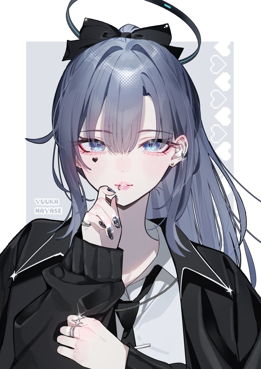 1girl absurdres alternate_costume black_bow black_halo black_jacket black_nails black_necktie blue_archive bow earrings face_piercing hair_bow halo heart_sticker highres jacket jewelry kamiyama_sumu lip_piercing long_hair long_sleeves looking_at_viewer mechanical_halo nail_polish necktie parted_lips piercing ponytail purple_eyes purple_hair ring shirt simple_background solo sticker_on_face stud_earrings white_shirt yuuka_(blue_archive)