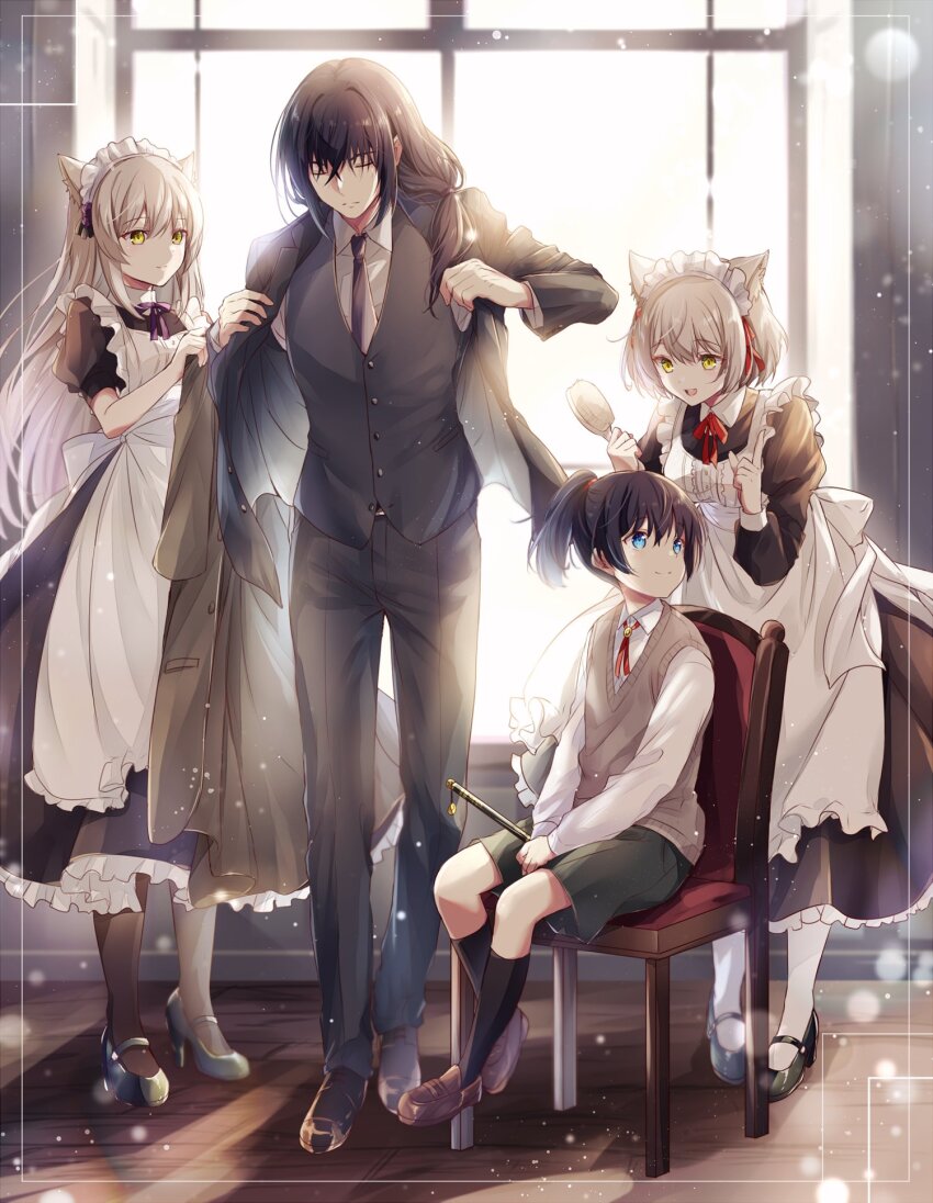 2boys 2girls aged_down alternate_costume animal_ear_fluff animal_ears apron black_dress black_hair blue_eyes cat_ears dress enmaided frilled_apron frills grey_hair hair_between_eyes highres long_hair m_(xenoblade) maid maid_apron maid_headdress mio_(xenoblade) multiple_boys multiple_girls n_(xenoblade) noah_(xenoblade) ponytail short_hair time_paradox ui_frara white_apron xenoblade_chronicles_(series) xenoblade_chronicles_3 yellow_eyes